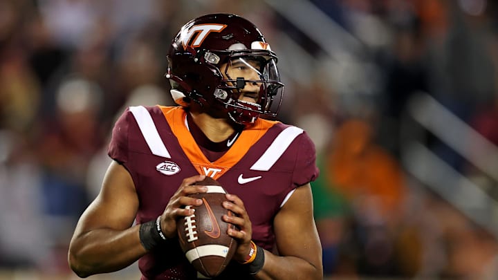 Nov 18, 2023; Blacksburg, Virginia, USA; Virginia Tech Hokies quarterback Kyron Drones (1) throws a