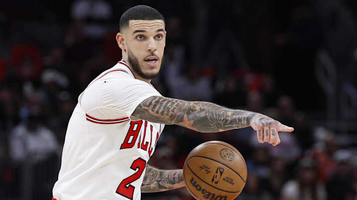 Oct 26, 2024; Chicago, Illinois, USA; Chicago Bulls guard Lonzo Ball (2) brings the ball up court against the Oklahoma City Thunder during the first half at United Center. Mandatory Credit: Kamil Krzaczynski-Imagn Images