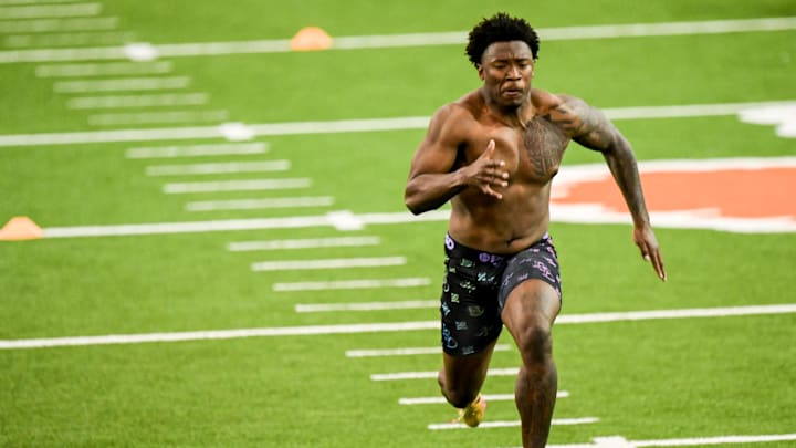 Mar 13, 2025; Clemson, SC, USA; Former Clemson linebacker Barrett Carter performs in the 40-yard dash during Clemson Football 2025 Pro Day at Poe Indoor Facility.  Mandatory Credit: Ken Ruinard-USA TODAY Network via Imagn Images