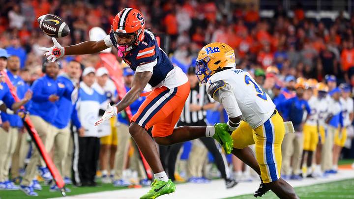 Oct 18, 2025; Syracuse, New York, USA; Syracuse Orange defensive back Demetres Samuel Jr. (1) breaks up a pass intended for Pittsburgh Panthers wide receiver Cataurus Hicks (3) during the first half at the JMA Wireless Dome. Mandatory Credit: Rich Barnes-Imagn Images