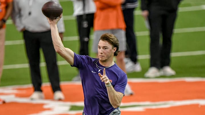 Clemson quarterback Cade Klubnik throws to Former tight end Jake Brinningstool during the Clemson Football 2025 Pro Day featuring former football players, five showing speed and skills for NFL scouts before the draft April 24-26 in Green Bay.
