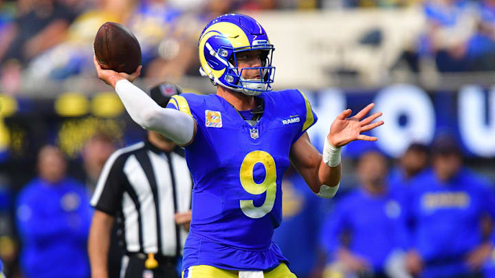 Sep 28, 2025; Inglewood, California, USA; Los Angeles Rams quarterback Matthew Stafford (9) throws against the Indianapolis Colts during the second half at SoFi Stadium. Mandatory Credit: Gary A. Vasquez-Imagn Images Sep 28, 2025; Inglewood, California, USA; Los Angeles Rams quarterback Matthew Stafford (9) throws against the Indianapolis Colts during the second half at SoFi Stadium. Mandatory Credit: Gary A. Vasquez-Imagn Images