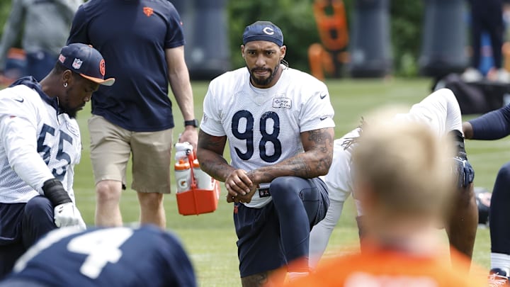 Jun 5, 2024; Lake Forest, IL, USA; Chicago Bears defensive end Montez Sweat (98) looks on during the team's minicamp at Halas Hall. Mandatory Credit: Kamil Krzaczynski-USA TODAY Sports