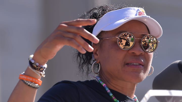 A parade to honor the University of South Carolina women's basketball NCAA national championship victory was held in downtown Columbia on April 14, 2024. USC Head women's basketball coach Dawn Staley thanks the team's supporters at the steps of the capital. A parade to honor the University of South Carolina women's basketball NCAA national championship victory was held in downtown Columbia on April 14, 2024. USC Head women's basketball coach Dawn Staley thanks the team's supporters at the steps of the capital.