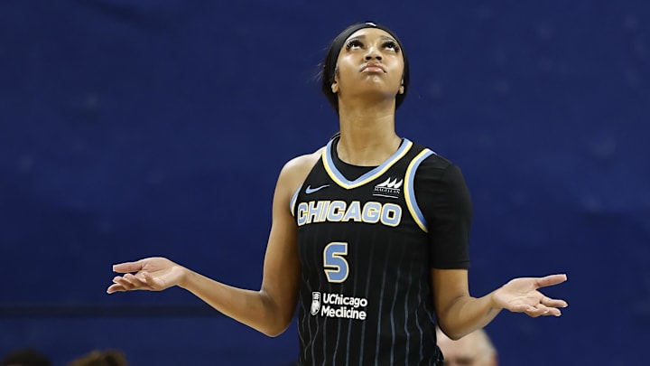 Jun 4, 2024; Chicago, Illinois, USA; Chicago Sky forward Angel Reese (5) reacts after being ejected from her team’s WNBA game against the New York Liberty during the second half at Wintrust Arena. Mandatory Credit: Kamil Krzaczynski-Imagn Images