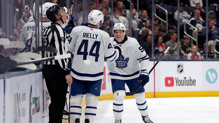 Oct 20, 2026; Columbus, Ohio, USA;  Toronto Maple Leafs right winger Easton Cowan (53) celebrates his goal against the Columbus Blue Jackets during the second period at Nationwide Arena.  Mandatory Credit: Russell LaBounty-Imagn Images