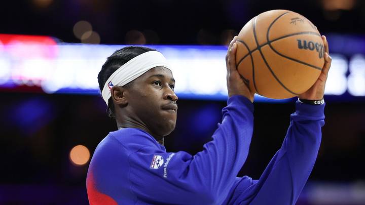Philadelphia 76ers guard Vj Edgecombe (77) warms up against the New York Knicks at Xfinity Mobile Arena on Oct. 5, 2026. Philadelphia 76ers guard Vj Edgecombe (77) warms up against the New York Knicks at Xfinity Mobile Arena on Oct. 5, 2026.