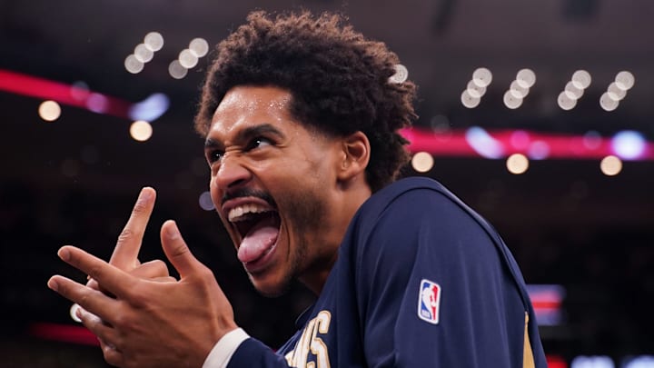 Jordan Poole of the New Orleans Pelicans reacts to a play during a game against the Chicago Bulls.