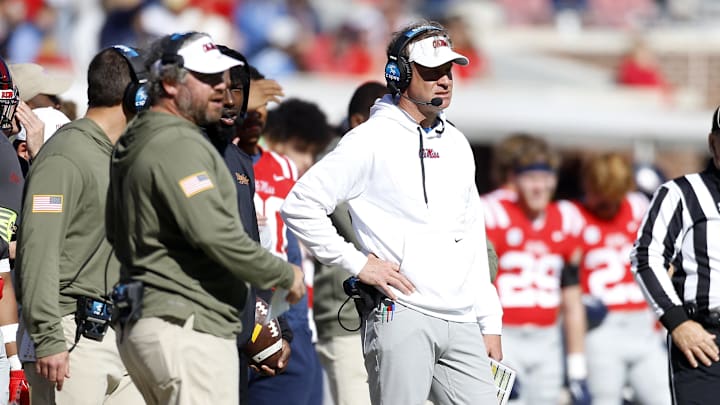 Nov 18, 2023; Oxford, Mississippi, USA; Mississippi Rebels head coach Lane Kiffin watches during the