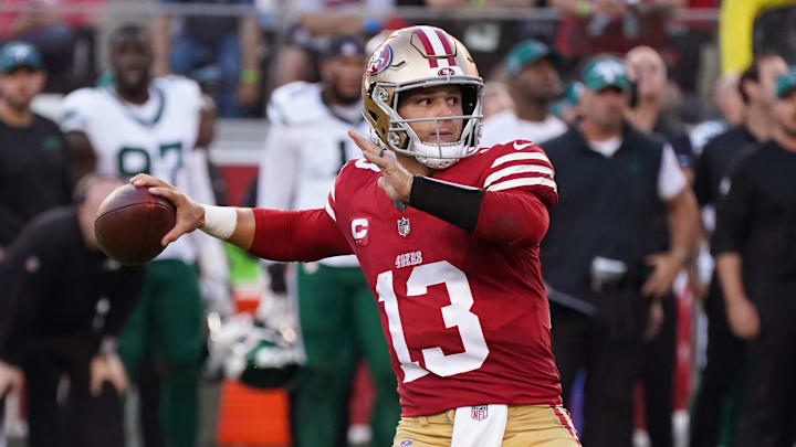 Sep 9, 2024; Santa Clara, California, USA; San Francisco 49ers quarterback Brock Purdy (13) throws a pass during the second quarter against the New York Jets at Levi's Stadium. Mandatory Credit: David Gonzales-Imagn Images