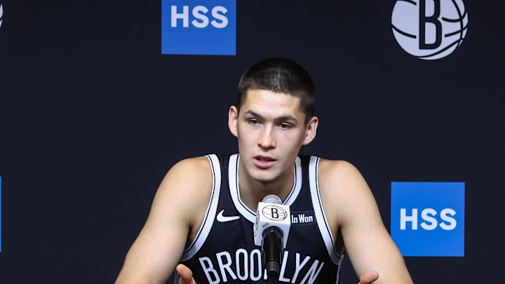 Sep 23, 2025; Brooklyn, NY, USA; Brooklyn Nets guard Egor Demin (8) speaks at Media Day. Mandatory Credit: Wendell Cruz-Imagn Images Sep 23, 2025; Brooklyn, NY, USA; Brooklyn Nets guard Egor Demin (8) speaks at Media Day. Mandatory Credit: Wendell Cruz-Imagn Images