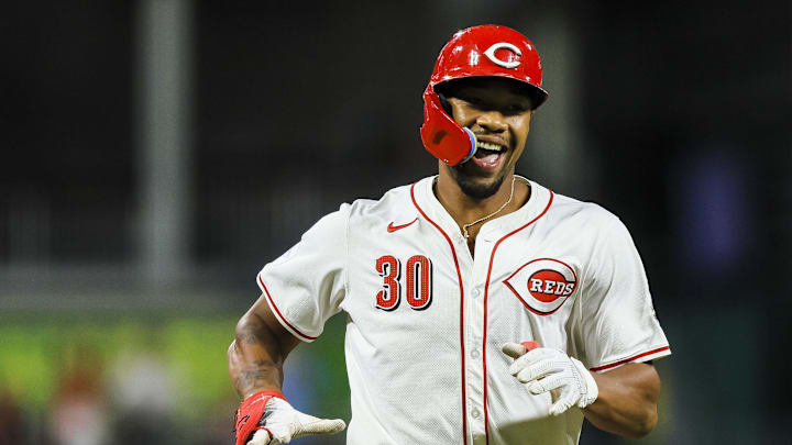 Aug 28, 2024; Cincinnati, Ohio, USA; Cincinnati Reds outfielder Will Benson (30) reacts after hitting a three-run home run in the seventh inning against the Oakland Athletics at Great American Ball Park. Mandatory Credit: Katie Stratman-Imagn Images Aug 28, 2024; Cincinnati, Ohio, USA; Cincinnati Reds outfielder Will Benson (30) reacts after hitting a three-run home run in the seventh inning against the Oakland Athletics at Great American Ball Park. Mandatory Credit: Katie Stratman-Imagn Images