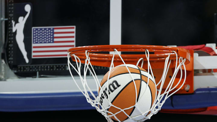 Aug 3, 2025; Chicago, Illinois, USA; Wilson basketball is seen next to WNBA logo before a game between the Chicago Sky and Phoenix Mercury at Wintrust Arena. Mandatory Credit: Kamil Krzaczynski-Imagn Images
