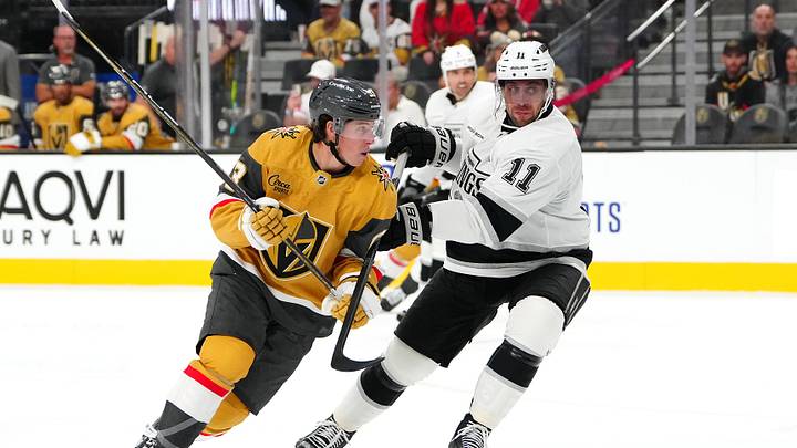Oct 8, 2025; Las Vegas, Nevada, USA; Vegas Golden Knights right wing Mitch Marner (93) skates against Los Angeles Kings center Anze Kopitar (11) during the second period at T-Mobile Arena. Mandatory Credit: Stephen R. Sylvanie-Imagn Images Oct 8, 2025; Las Vegas, Nevada, USA; Vegas Golden Knights right wing Mitch Marner (93) skates against Los Angeles Kings center Anze Kopitar (11) during the second period at T-Mobile Arena. Mandatory Credit: Stephen R. Sylvanie-Imagn Images