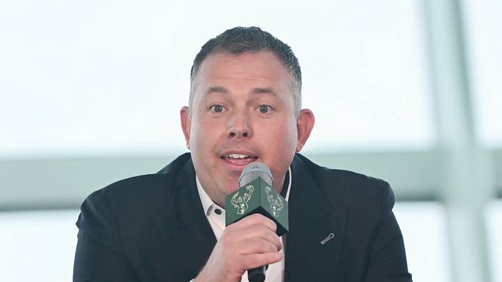 Milwaukee Bucks general manager Jon Horst speaks at a press conference at the Milwaukee Art Museum on May 6, 2026.