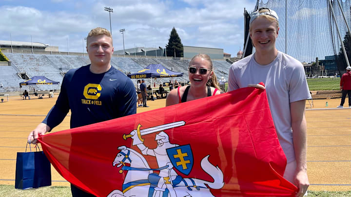 Mykolas Alekna, left, with fellow Lithuanian students Beatrice Tupikaite and Rytis Petraitis of the Cal basketball team.