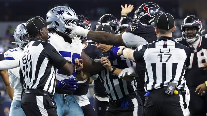 Nov 18, 2024; Arlington, Texas, USA; Tempers flare between the Dallas Cowboys and Houston Texans during the second half at AT&T Stadium. Mandatory Credit: Kevin Jairaj-Imagn Images Nov 18, 2024; Arlington, Texas, USA; Tempers flare between the Dallas Cowboys and Houston Texans during the second half at AT&T Stadium. Mandatory Credit: Kevin Jairaj-Imagn Images