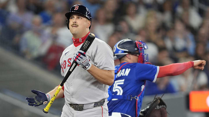 Sep 25, 2025; Toronto, Ontario, CAN; Boston Red Sox shortstop Trevor Story (10) reacts after striking out against the Toronto Blue Jays during the sixth inning at Rogers Centre. Mandatory Credit: John E. Sokolowski-Imagn Images