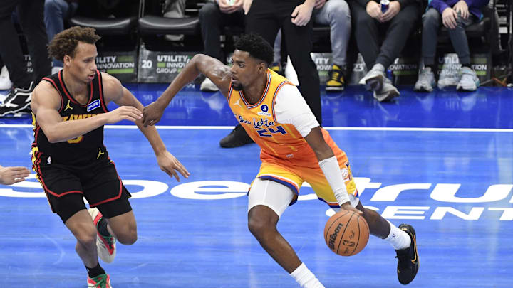 Dec 18, 2025; Charlotte, North Carolina, USA;  Charlotte Hornets forward Brandon Miller (24) drives during the first half against the Atlanta Hawks at the Spectrum Center. Mandatory Credit: Sam Sharpe-Imagn Images