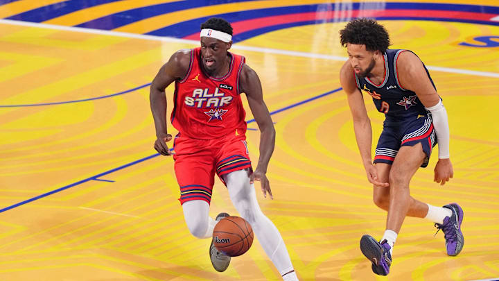 Feb 16, 2025; San Francisco, CA, USA; Chuckís Global Stars forward Pascal Siakam (43) of the Indiana Pacers dribbles the ball against Kennyís Young Stars guard Cade Cunningham (2) of the Detroit Pistons during the 2025 NBA All Star Game at Chase Center. Mandatory Credit: Cary Edmondson-Imagn Images