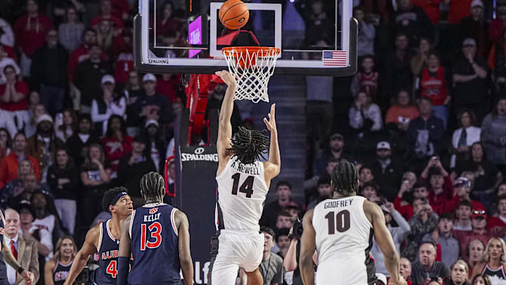 Jan 18, 2025; Athens, Georgia, USA; Georgia Bulldogs forward Asa Newell (14) is unable to convert a potential game tying basket at the buzzer against the Auburn Tigers during the second half at Stegeman Coliseum. Mandatory Credit: Dale Zanine-Imagn Images