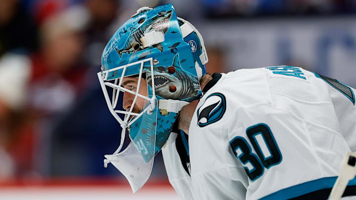 Feb 4, 2026; Denver, Colorado, USA; San Jose Sharks goaltender Yaroslav Askarov (30) in the second period against the Colorado Avalanche at Ball Arena. Mandatory Credit: Isaiah J. Downing-Imagn Images