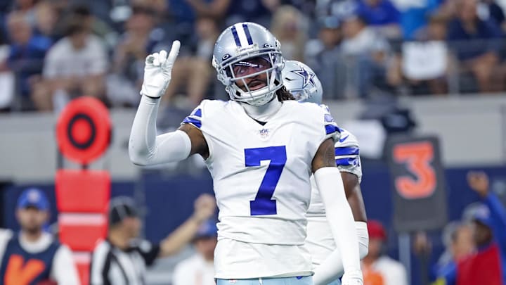Oct 23, 2022; Arlington, Texas, USA;  Dallas Cowboys cornerback Trevon Diggs (7) reacts during the first quarter against the Detroit Lions at AT&T Stadium. Mandatory Credit: Kevin Jairaj-USA TODAY Sports