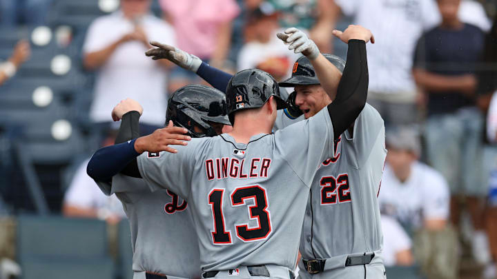 Jun 22, 2025; Tampa, Florida, USA; Detroit Tigers center fielder Parker Meadows (22) celebrates after hitting a three run home run against the Tampa Bay Rays in the ninth inning at George M. Steinbrenner Field. Mandatory Credit: Nathan Ray Seebeck-Imagn Images