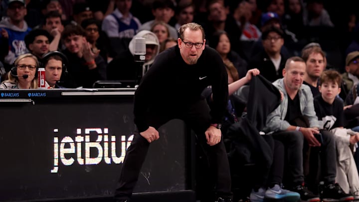 Feb 12, 2025; Brooklyn, New York, USA; Philadelphia 76ers head coach Nick Nurse coaches against the Brooklyn Nets during the fourth quarter at Barclays Center. Mandatory Credit: Brad Penner-Imagn Images