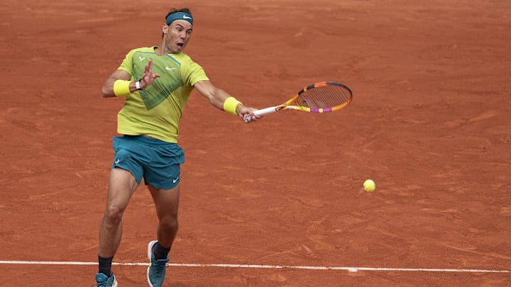 June 5, 2022; Paris, France; Rafael Nadal (ESP) returns a shot during the men   s singles final against Casper Ruud (NOR) on day 15 of the French Open at Stade Roland-Garros. Mandatory Credit: Susan Mullane-USA TODAY Sports