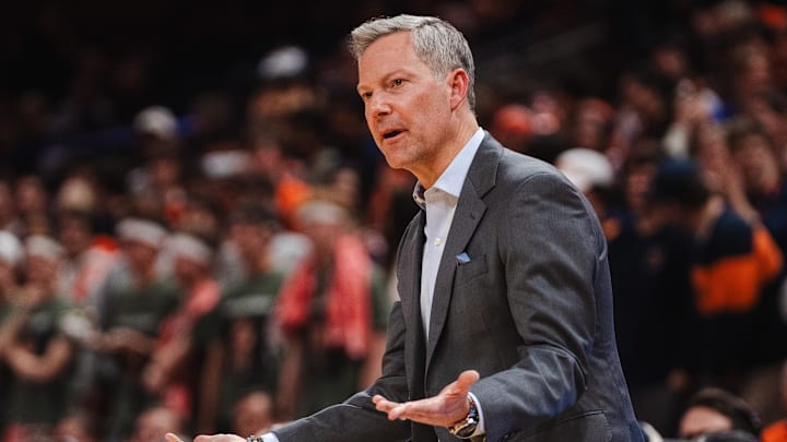 Feb 3, 2026; Charlottesville, Virginia, USA; Virginia Cavaliers head coach Ryan Odom instructs his team during the second half against the Pittsburgh Panthers at John Paul Jones Arena. Mandatory Credit: Emily Faith Morgan-Imagn Images