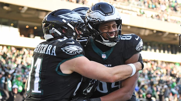 Jan 5, 2025; Philadelphia, Pennsylvania, USA; Philadelphia Eagles tight end E.J. Jenkins (84) celebrates his 7-yard touchdown catch with tight end Grant Calcaterra (81) against New York Giants during the fourth quarter at Lincoln Financial Field. Mandatory Credit: Eric Hartline-Imagn Images