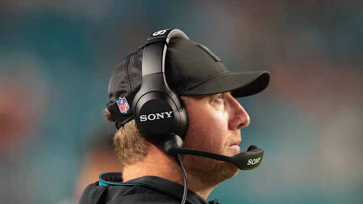 Aug 23, 2025; Miami Gardens, Florida, USA; Jacksonville Jaguars head coach Liam Coen watches from the sideline against the Miami Dolphins during the fourth quarter at Hard Rock Stadium. Mandatory Credit: Sam Navarro-Imagn Images