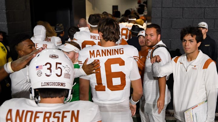 Oct 26, 2024; Nashville, Tennessee, USA; Texas Longhorns quarterback Arch Manning (16) walks off the field against the Vanderbilt Commodores during post-game at FirstBank Stadium. Mandatory Credit: Steve Roberts-Imagn Images. Oct 26, 2024; Nashville, Tennessee, USA; Texas Longhorns quarterback Arch Manning (16) walks off the field against the Vanderbilt Commodores during post-game at FirstBank Stadium. Mandatory Credit: Steve Roberts-Imagn Images.
