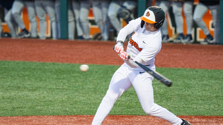 Oregon State's Easton Talt (6) swings the bat during an NCAA college baseball game at Goss Stadium on Friday, March 7, 2025, in Corvallis, Ore. Oregon State's Easton Talt (6) swings the bat during an NCAA college baseball game at Goss Stadium on Friday, March 7, 2025, in Corvallis, Ore.