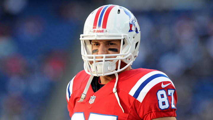 October 21, 2012; Foxboro, MA USA; New England Patriots tight end Rob Gronkowski (87) prior to a game against the New York Jets at Gillette Stadium. Mandatory Credit: Bob DeChiara-Imagn Images