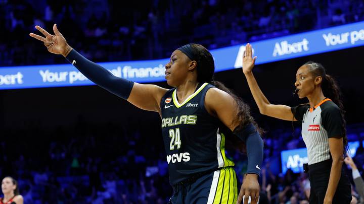 Aug 25, 2026; Arlington, Texas, USA; Dallas Wings guard Arike Ogunbowale (24) reacts after scoring a three-point basket against the Portland Fire during the first half at College Park Center. Mandatory Credit: Chris Jones-Imagn Images Aug 25, 2026; Arlington, Texas, USA; Dallas Wings guard Arike Ogunbowale (24) reacts after scoring a three-point basket against the Portland Fire during the first half at College Park Center. Mandatory Credit: Chris Jones-Imagn Images