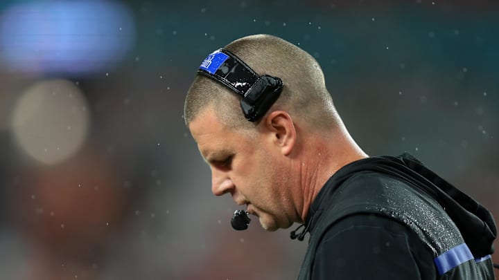Sep 20, 2025; Miami Gardens, Florida, USA; Florida Gators head coach Billy Napier looks down against the Florida Gators during the first quarter at Hard Rock Stadium. Mandatory Credit: Sam Navarro-Imagn Images