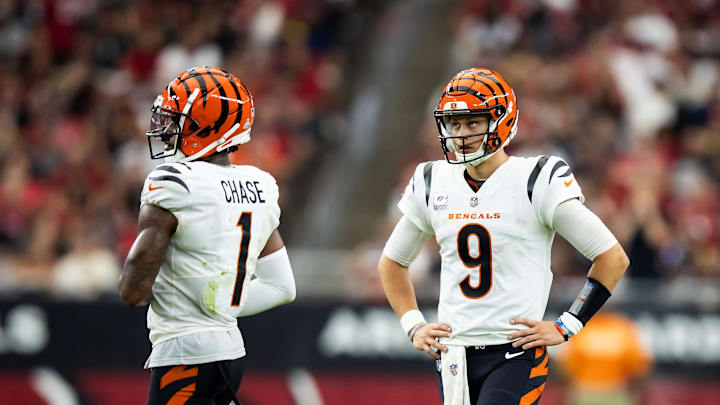Oct 8, 2023; Glendale, Arizona, USA; Cincinnati Bengals quarterback Joe Burrow (9) and wide receiver Ja'Marr Chase (1) against the Arizona Cardinals in the second half at State Farm Stadium. Mandatory Credit: Mark J. Rebilas-Imagn Images Oct 8, 2023; Glendale, Arizona, USA; Cincinnati Bengals quarterback Joe Burrow (9) and wide receiver Ja'Marr Chase (1) against the Arizona Cardinals in the second half at State Farm Stadium. Mandatory Credit: Mark J. Rebilas-Imagn Images