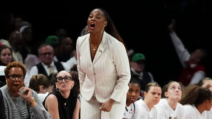 Notre Dame Fighting Irish head coach Niele Ivey yells during the first round of the NCAA women's basketball tournament against the Fairfield Stags at Ohio State's Schottenstein Center in Columbus on March 21, 2026. Notre Dame Fighting Irish head coach Niele Ivey yells during the first round of the NCAA women's basketball tournament against the Fairfield Stags at Ohio State's Schottenstein Center in Columbus on March 21, 2026.