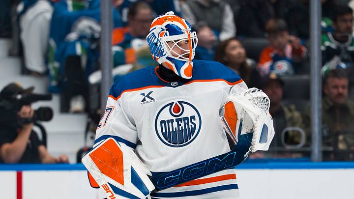 Oct 1, 2026; Vancouver, British Columbia, CAN; Edmonton Oilers goalie Devon Levi (27) during a stop in play against the Vancouver Canucks in the second period at Rogers Arena. Mandatory Credit: Bob Frid-Imagn Images