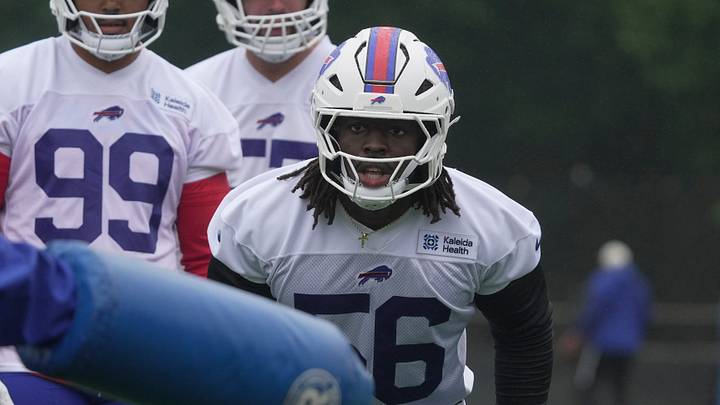Bills Javon Solomon gets ready to run a drill during Bills Training Camp at St. John Fisher University on July 29, 2026 in Pittsford
