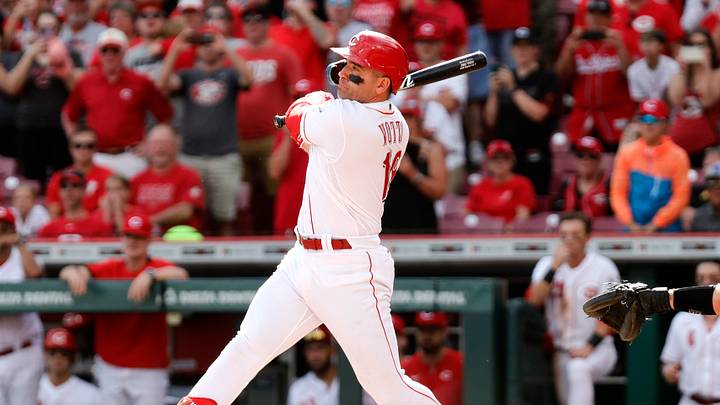 Sep 24, 2023; Cincinnati, Ohio, USA; Cincinnati Reds first baseman Joey Votto (19) hits a single against the Pittsburgh Pirates during the eighth inning at Great American Ball Park. Mandatory Credit: David Kohl-USA TODAY Sports Sep 24, 2023; Cincinnati, Ohio, USA; Cincinnati Reds first baseman Joey Votto (19) hits a single against the Pittsburgh Pirates during the eighth inning at Great American Ball Park. Mandatory Credit: David Kohl-USA TODAY Sports