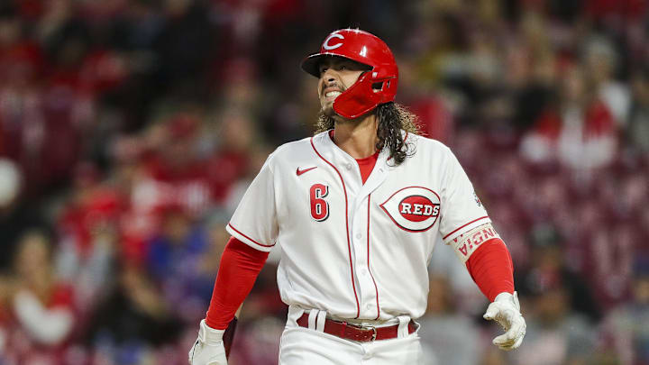 \Cincinnati Reds second baseman Jonathan India (6) reacts