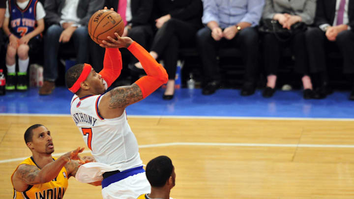 New York Knicks small forward Carmelo Anthony takes a shot against the Indiana Pacers. Mandatory Credit: Joe Camporeale-Imagn Images New York Knicks small forward Carmelo Anthony takes a shot against the Indiana Pacers. Mandatory Credit: Joe Camporeale-Imagn Images