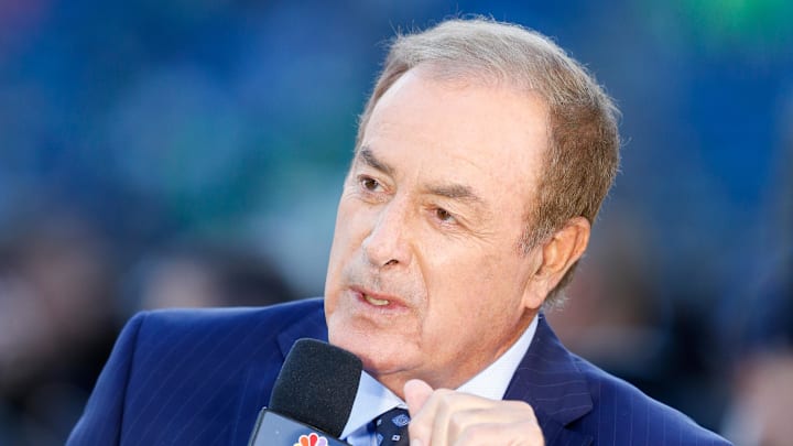 Oct 1, 2017; Seattle, WA, USA; NBC Sunday Night Football announcer Al Michaels speaks on the set during pregame warmups by the Indianapolis Colts and Seattle Seahawks at CenturyLink Field. Mandatory Credit: Joe Nicholson-Imagn Images
