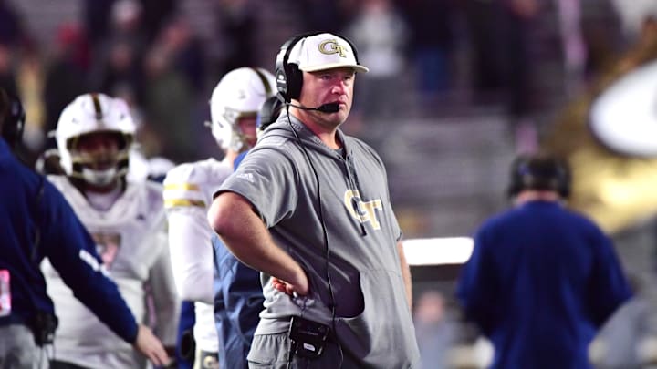 Nov 15, 2025; Chestnut Hill, Massachusetts, USA; Georgia Tech Yellow Jackets head coach Brent Key during the second half against Boston College Eagles at Alumni Stadium. Mandatory Credit: Bob DeChiara-Imagn Images