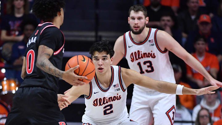 Jan 8, 2026; Champaign, Illinois, USA; Illinois Fighting Illini guard Andrej Stojakovic (2) watched Rutgers Scarlet Knights guard Tariq Francis (0) with the ball during the first half at State Farm Center. Mandatory Credit: Ron Johnson-Imagn Images Jan 8, 2026; Champaign, Illinois, USA; Illinois Fighting Illini guard Andrej Stojakovic (2) watched Rutgers Scarlet Knights guard Tariq Francis (0) with the ball during the first half at State Farm Center. Mandatory Credit: Ron Johnson-Imagn Images