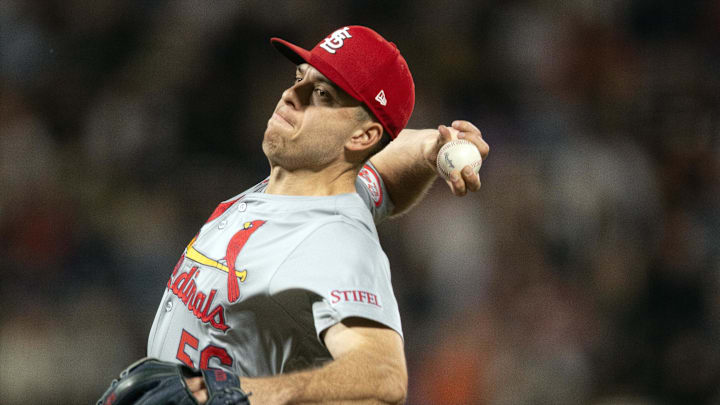 Sep 27, 2024; San Francisco, California, USA; St. Louis Cardinals pitcher Ryan Helsley (56) delivers a pitch against the San Francisco Giants during the ninth inning at Oracle Park. Mandatory Credit: D. Ross Cameron-Imagn Images