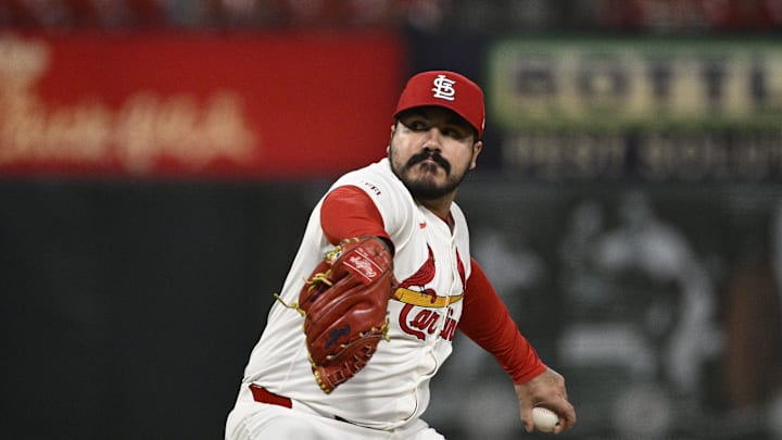 Sep 16, 2025; St. Louis, Missouri, USA; St. Louis Cardinals relief pitcher JoJo Romero (59) pitches against the Cincinnati Reds in the eighth inning at Busch Stadium. Mandatory Credit: Joe Puetz-Imagn Images